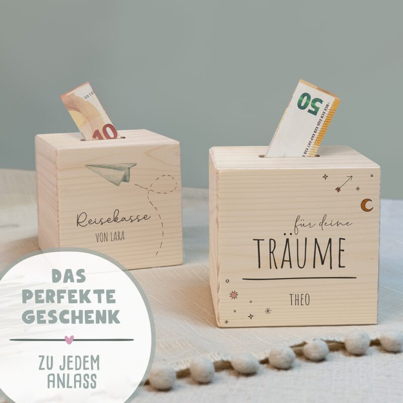 Spardose Würfel "Reisekasse Koffer"