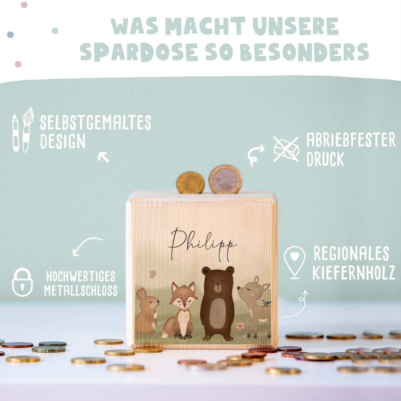 Spardose Würfel "Waldmotiv" bunt bedruckt