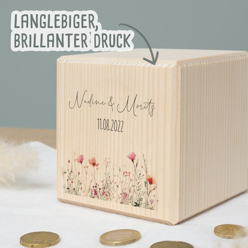 Spardose Würfel zur Hochzeit "Blumenwiese Hochzeit"