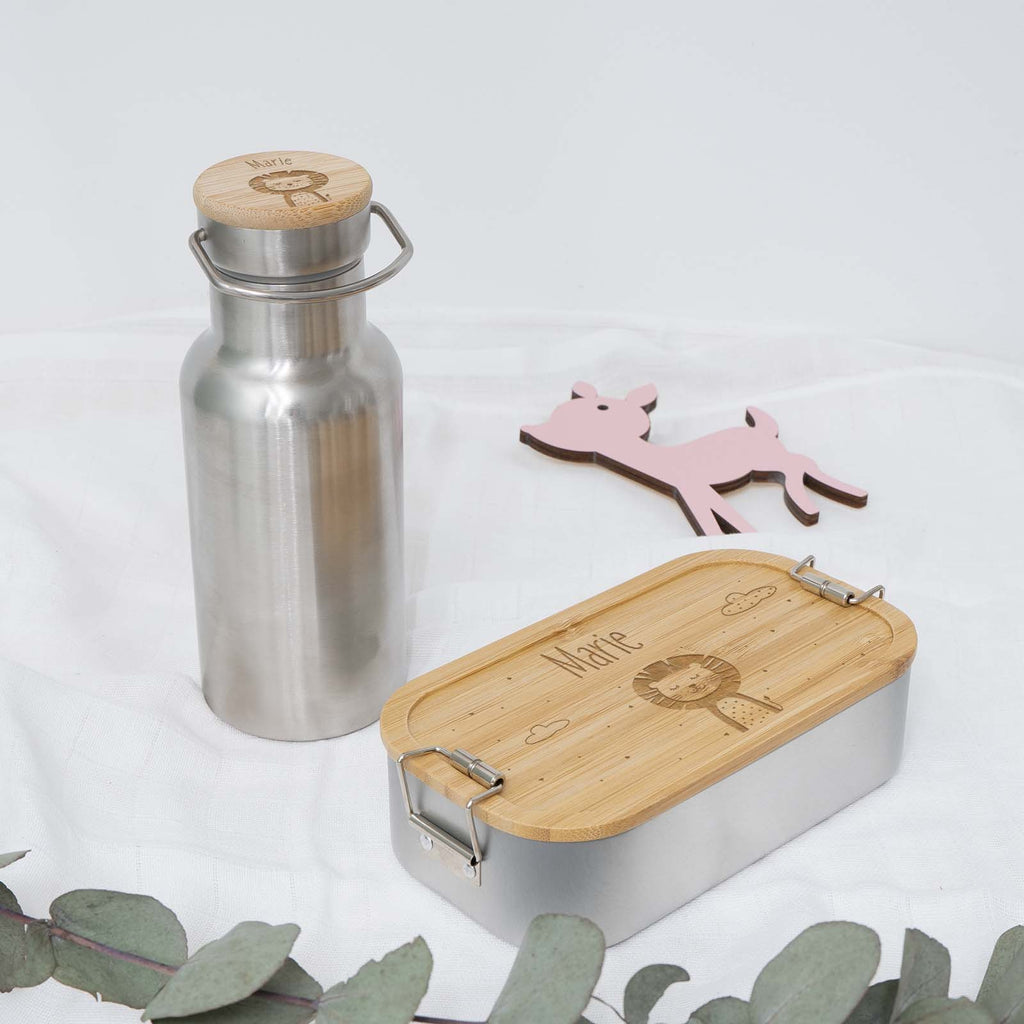 Lunchbox & Trinkflasche Bambusdeckel Set „Löwe“ personalisiert Laser