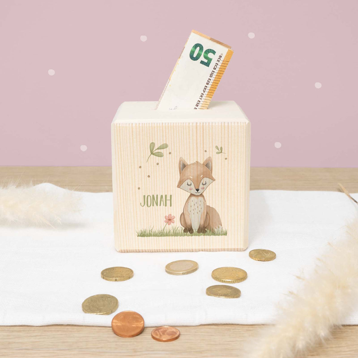 Spardose Würfel "Fuchs" bunt bedruckt