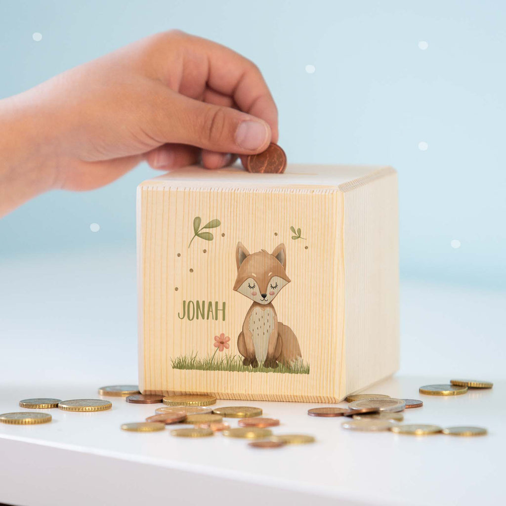 Spardose Würfel "Fuchs" bunt bedruckt