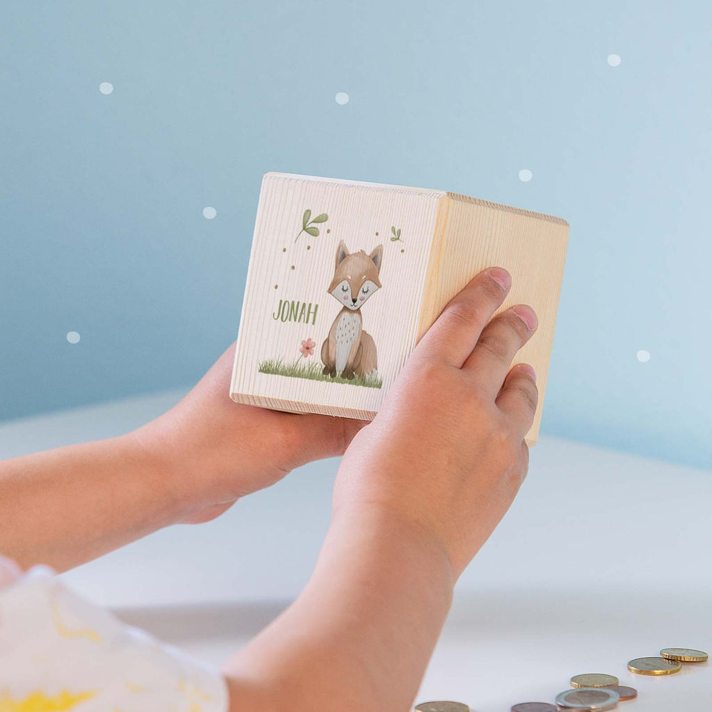 Spardose Würfel "Fuchs" bunt bedruckt