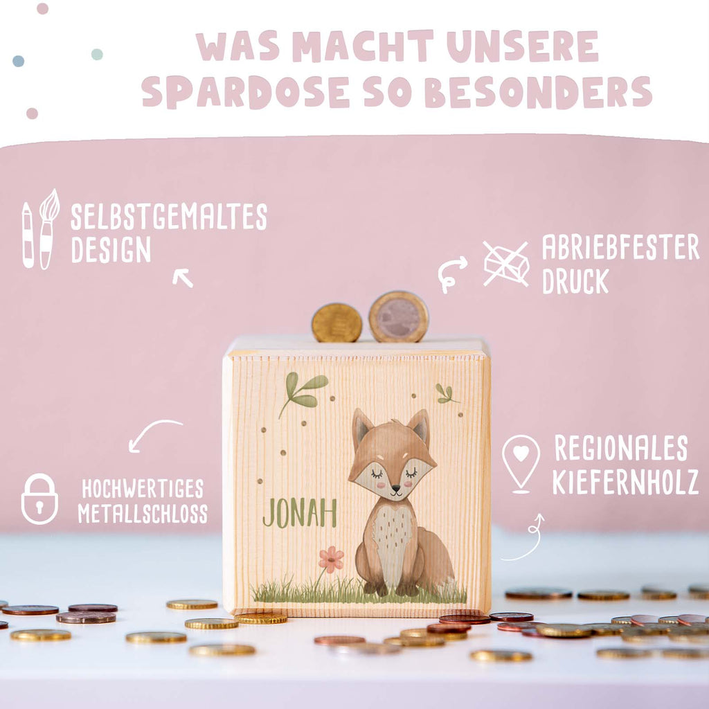 Spardose Würfel "Fuchs" bunt bedruckt