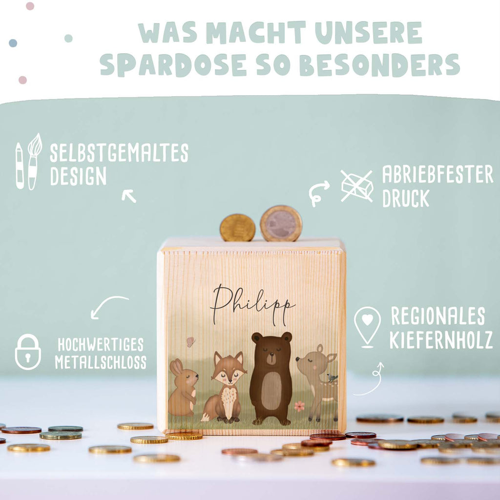 Spardose Würfel "Waldmotiv" bunt bedruckt