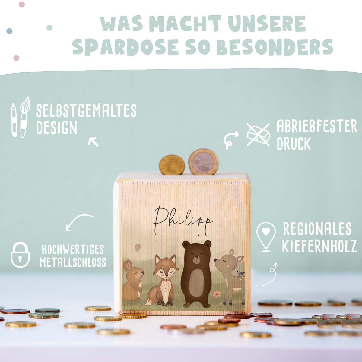 Spardose Würfel "Waldmotiv" bunt bedruckt