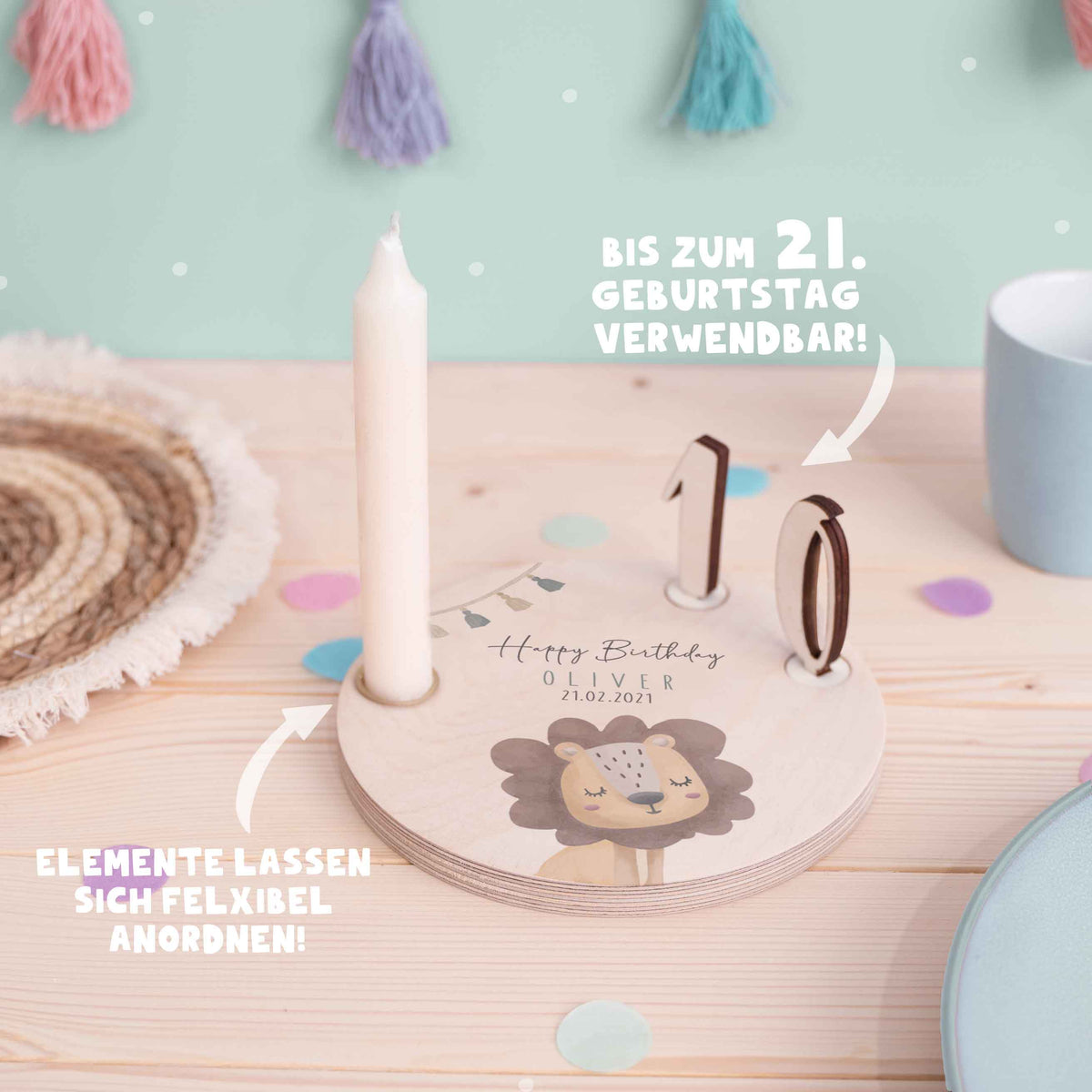 Personalisierter Geburtstagsteller Safari mit Kerzenhalter, Vase & Jahreszahlen