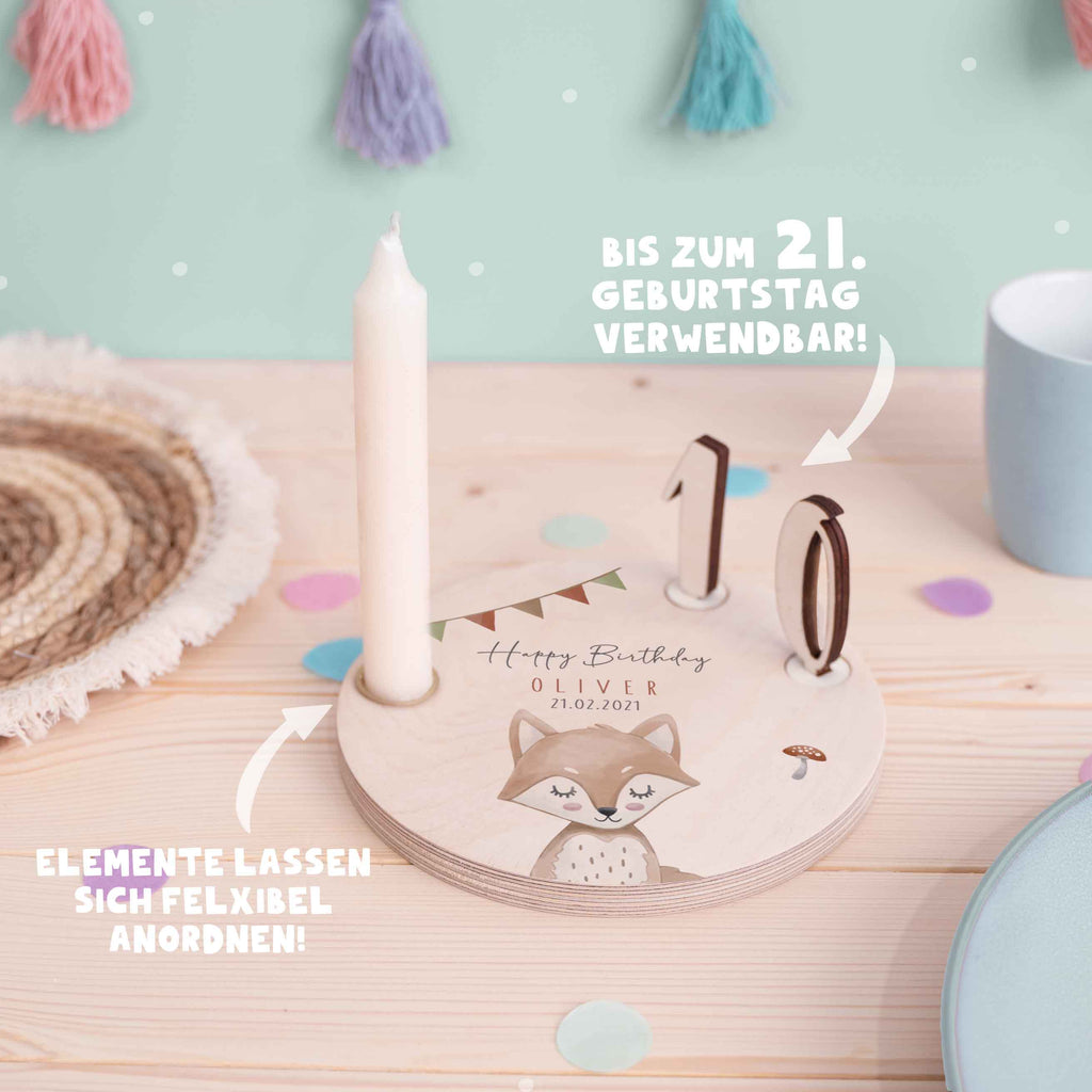 Personalisierter Geburtstagsteller Fuchs mit Kerzenhalter, Vase & Jahreszahlen