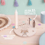 Personalisierter Geburtstagsteller Fuchs mit Kerzenhalter, Vase & Jahreszahlen