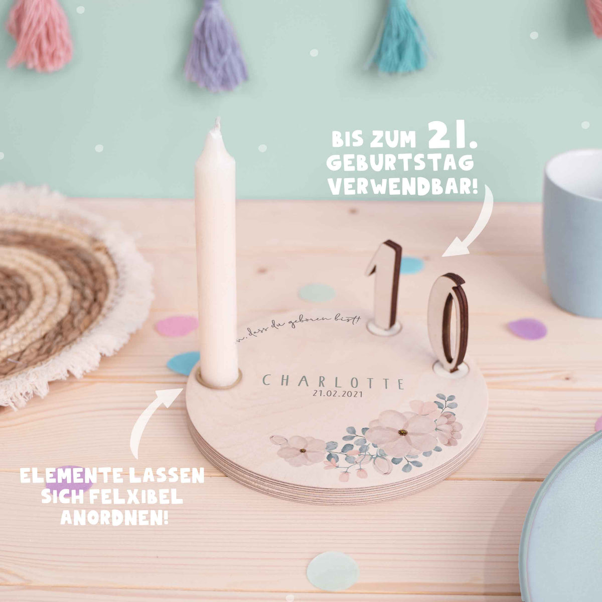 Personalisierter Geburtstagsteller Blumen mit Kerzenhalter, Vase & Jahreszahlen