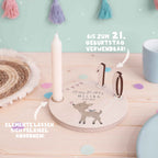 Personalisierter Geburtstagsteller Reh mit Kerzenhalter, Vase & Jahreszahlen