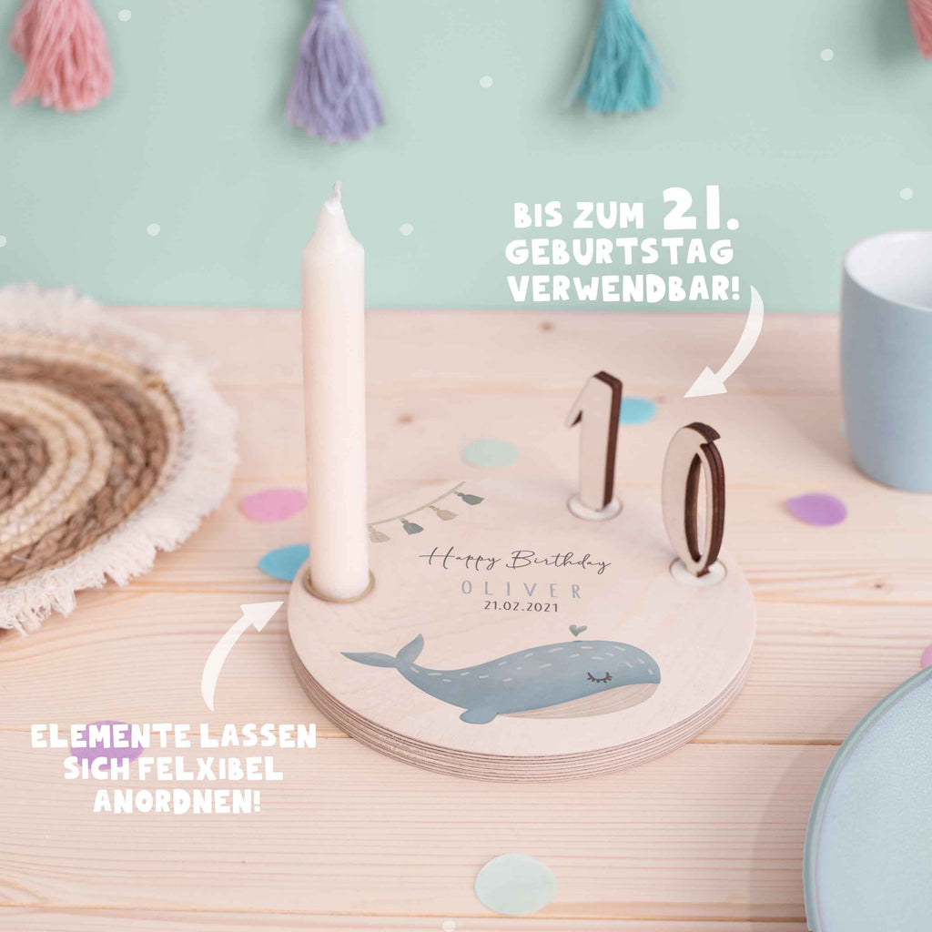 Personalisierter Geburtstagsteller Wal mit Kerzenhalter, Vase & Jahreszahlen