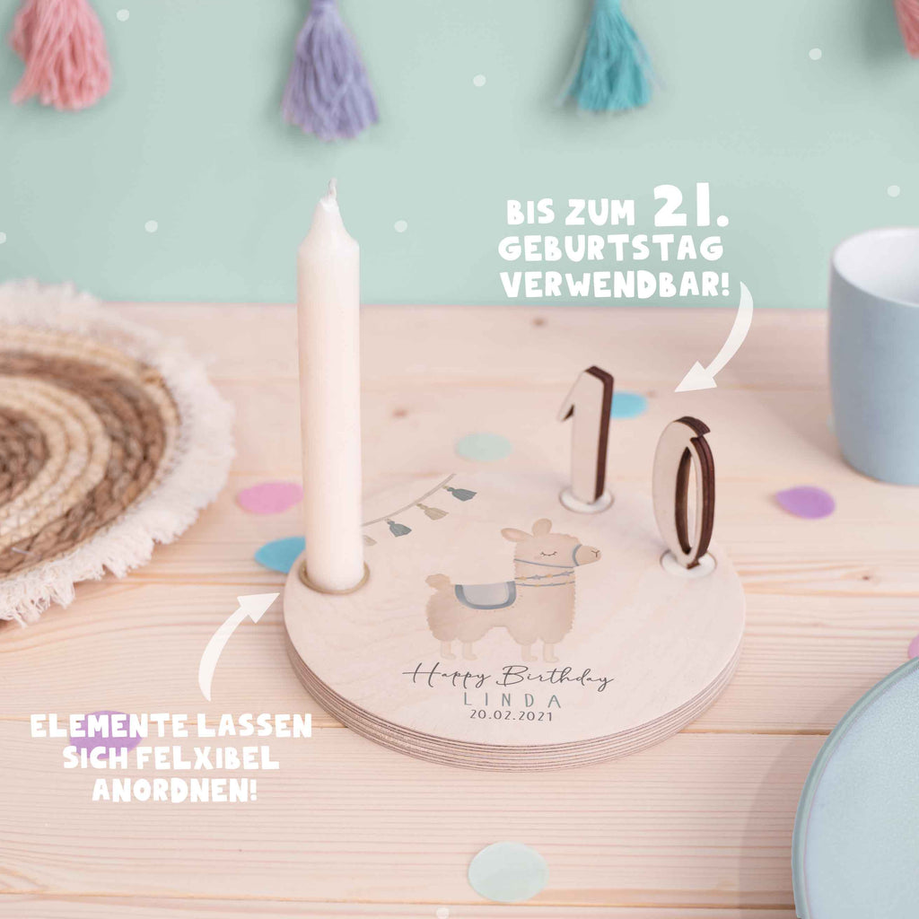 Personalisierter Geburtstagsteller Alpaka mit Kerzenhalter, Vase & Jahreszahlen