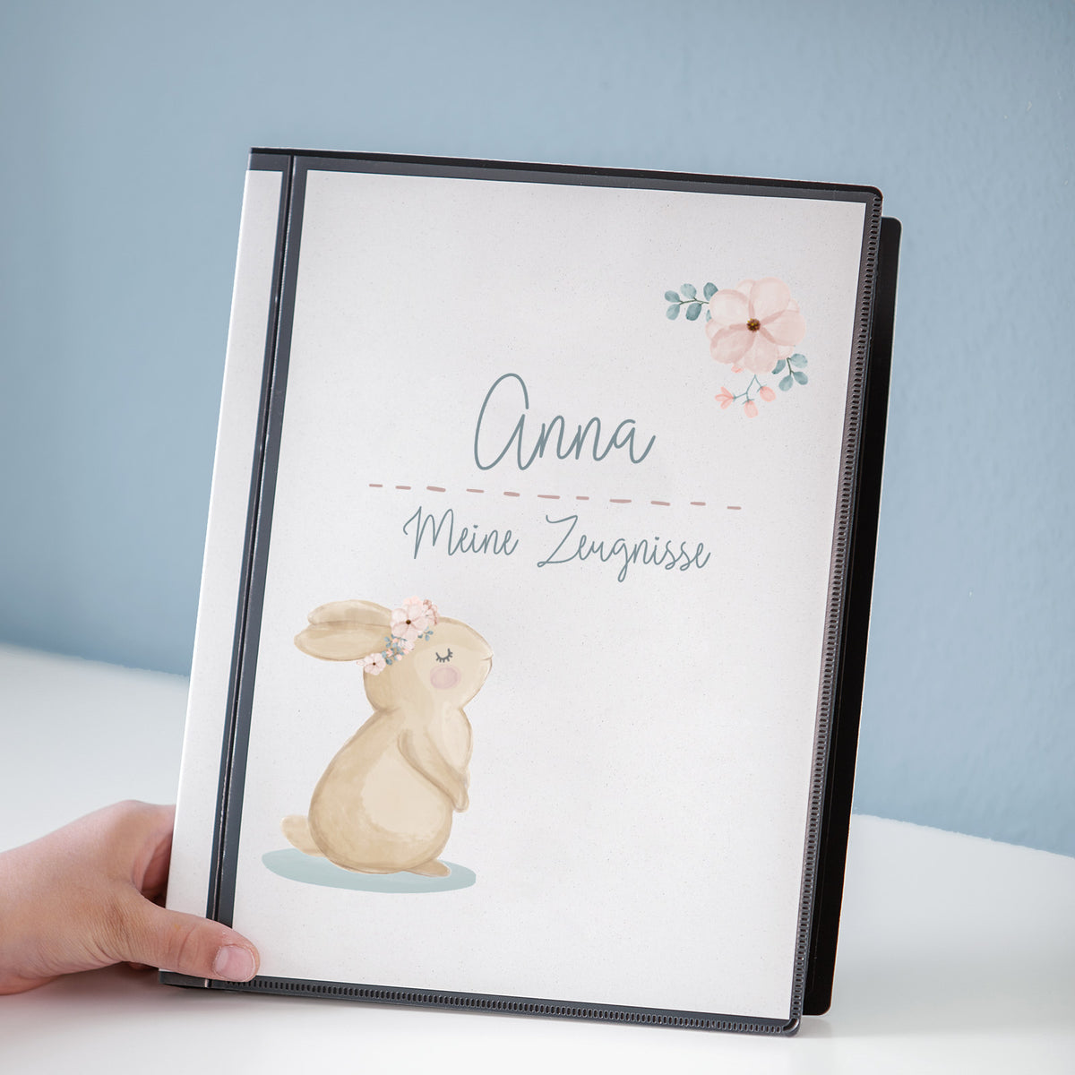 Zeugnismappe "Hase mit Blumenkranz" DIN A4