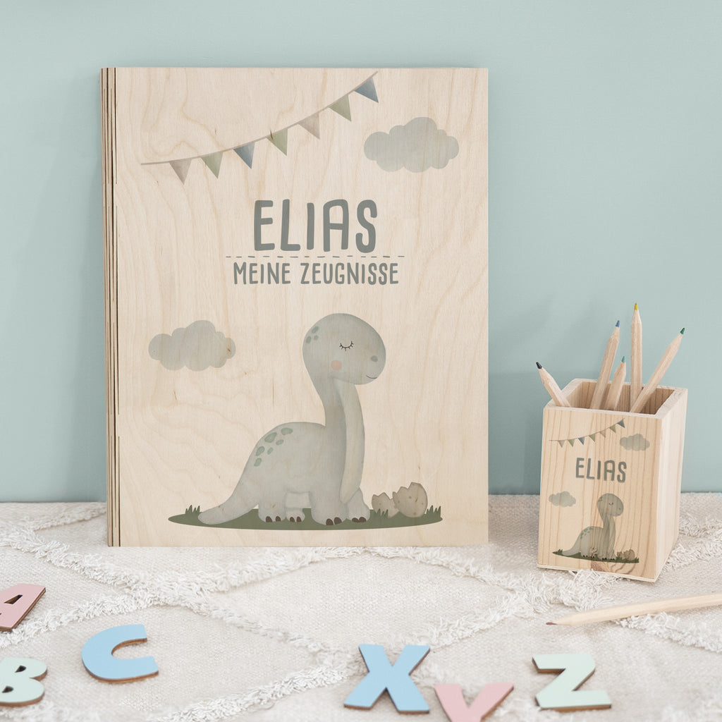 Einschulungs-Set Zeugnismappe und Stiftehalter "Grauer Dino"