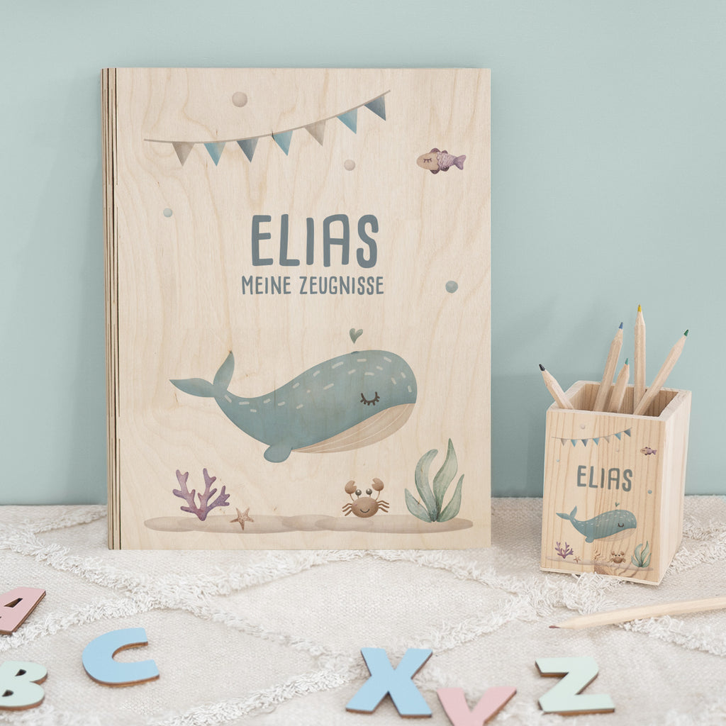 Einschulungs-Set Zeugnismappe und Stiftehalter "Wal"