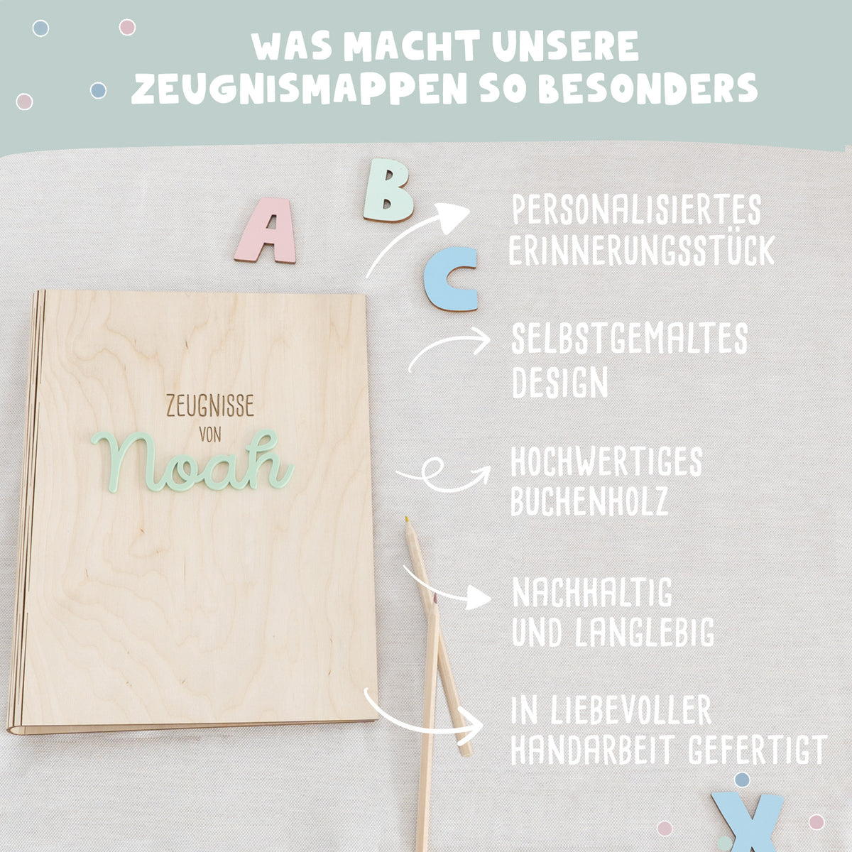 Zeugnismappe Holz Ringbuch mit 3D-Name "Stern oder Herz"