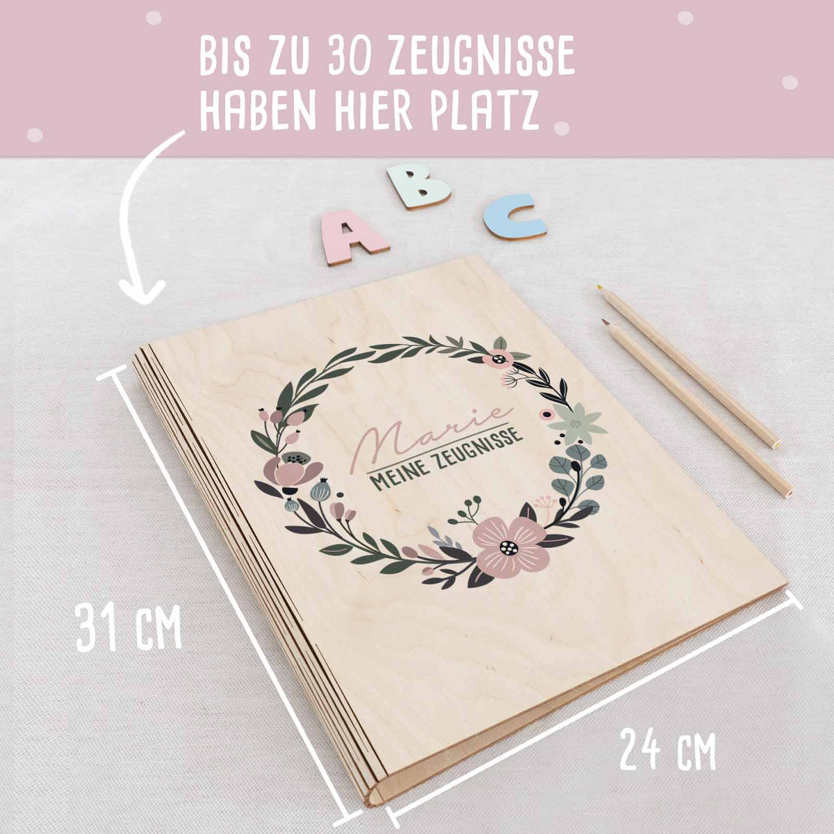 Zeugnismappe Holz Ringbuch "Blumenkranz"
