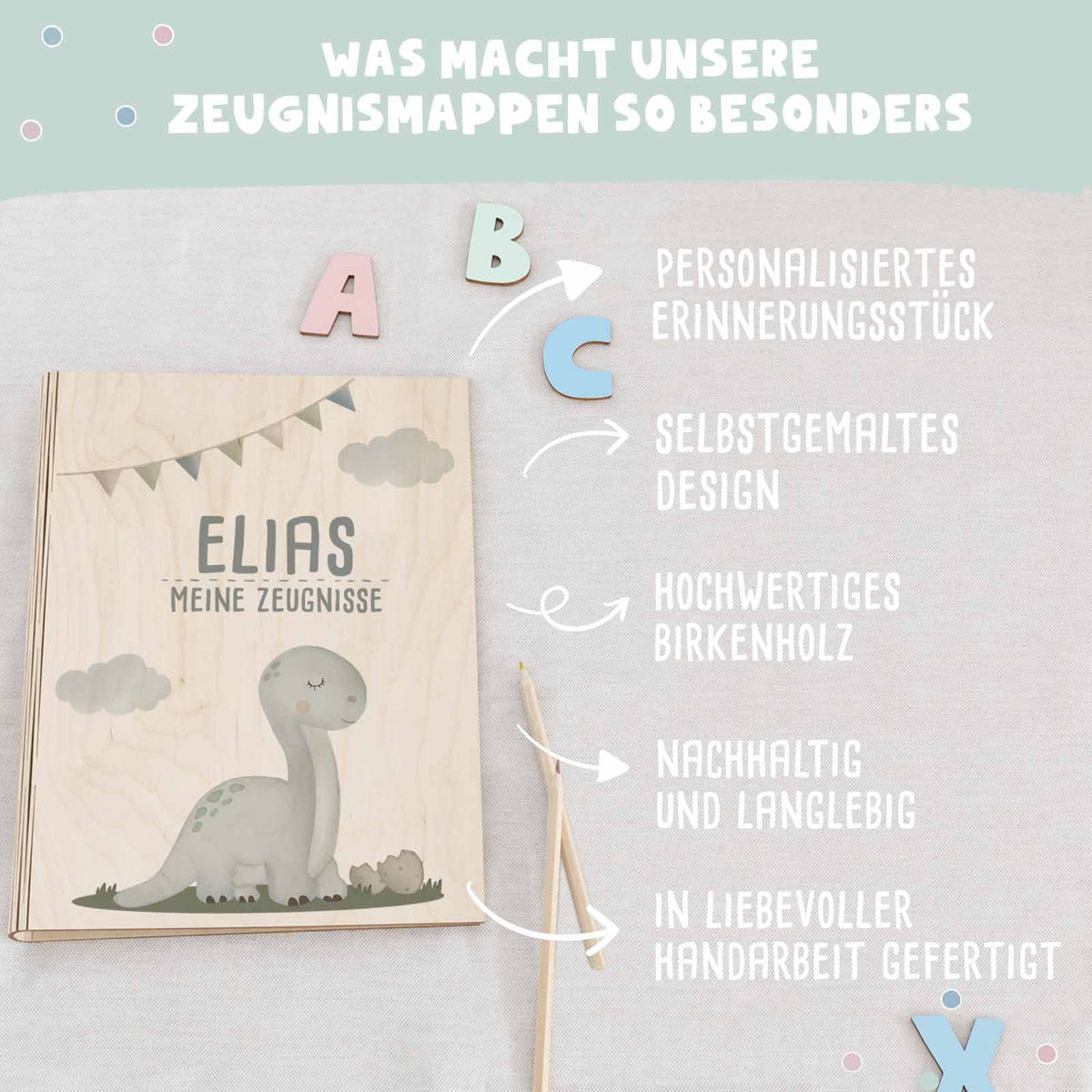 Zeugnismappe Holz Ringbuch "Grauer Dino"