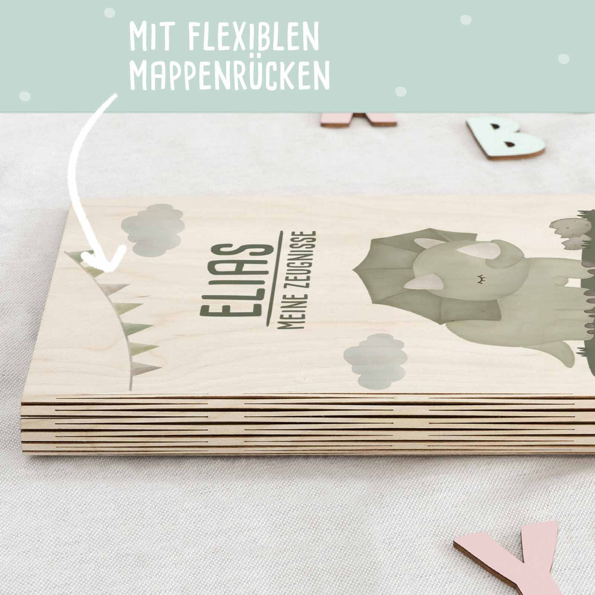 Zeugnismappe Holz Ringbuch "Grüner Dino"