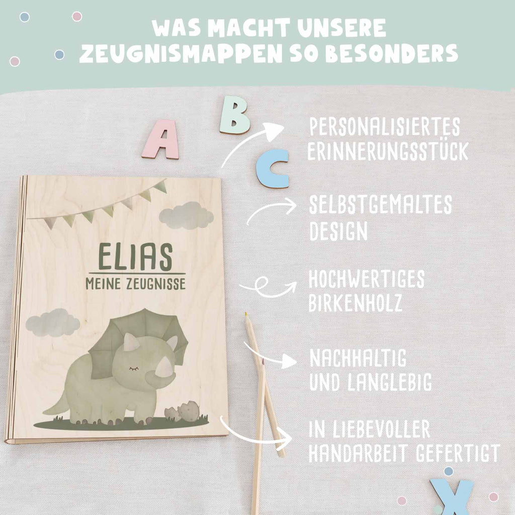 Zeugnismappe Holz Ringbuch "Grüner Dino"