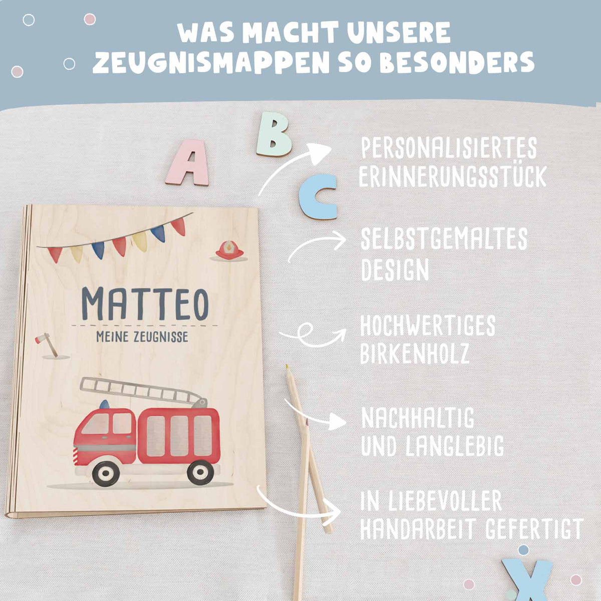 Zeugnismappe Holz Ringbuch "Feuerwehr"
