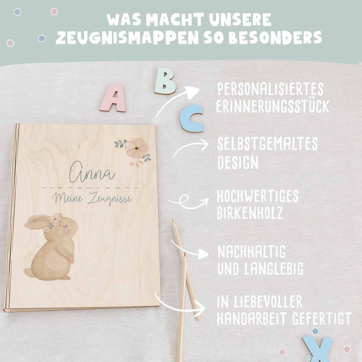 Zeugnismappe Holz Ringbuch "Hase"