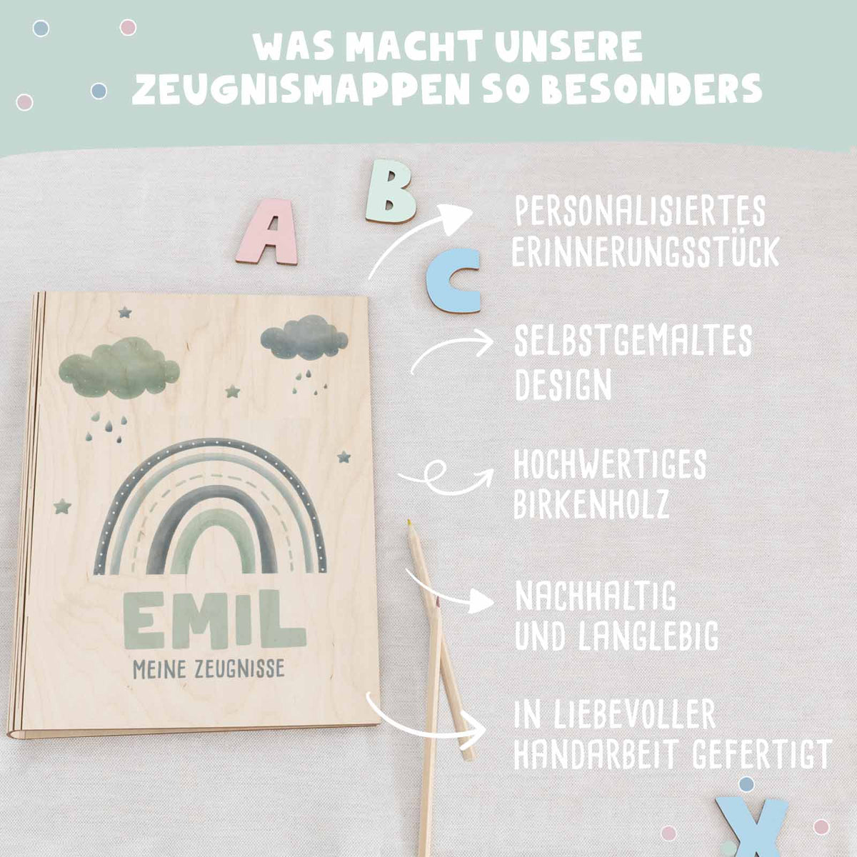 Einschulungs-Set Zeugnismappe und Stiftehalter "Regenbogen Blau"