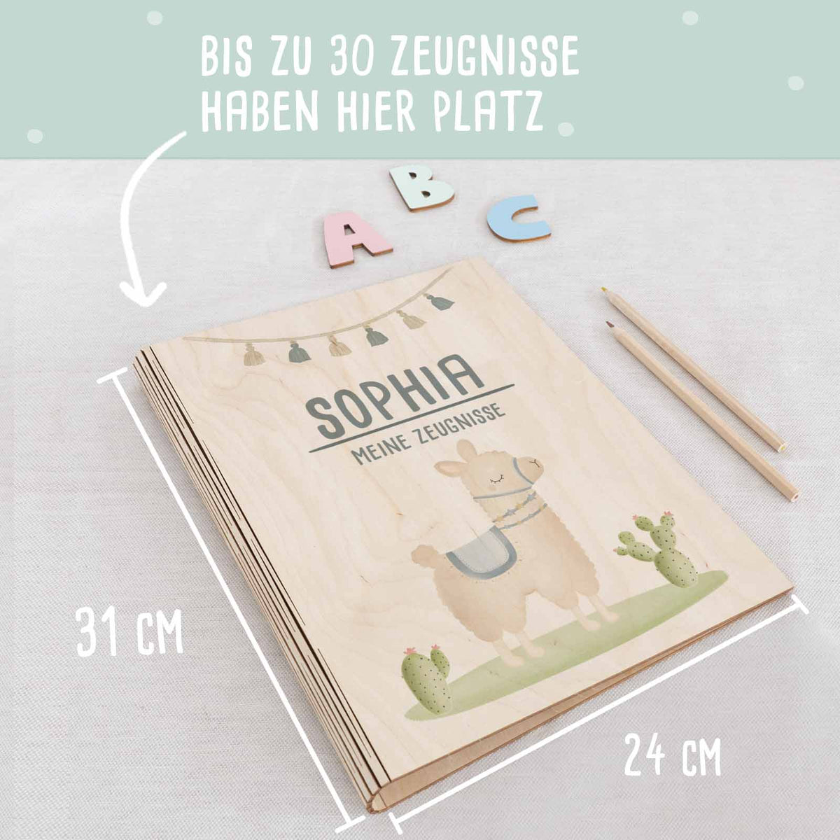 Zeugnismappe Holz Ringbuch "Lama"
