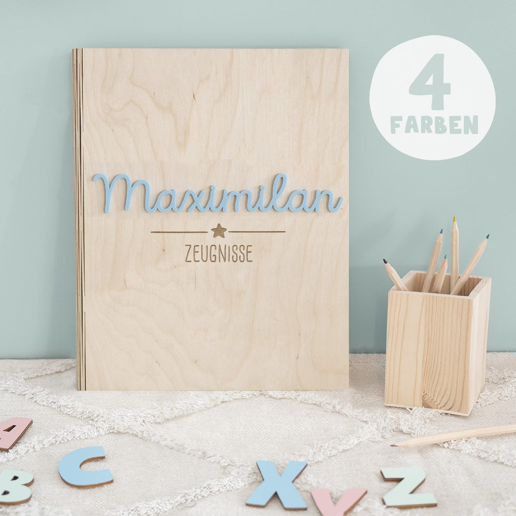 Zeugnismappe Holz Ringbuch mit 3D-Name "Stern oder Herz"