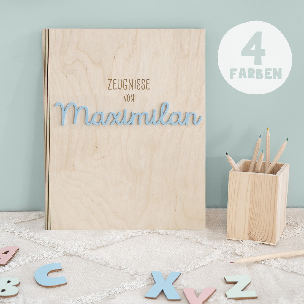 Zeugnismappe Holz Ringbuch mit 3D-Name "Zeugnisse von"