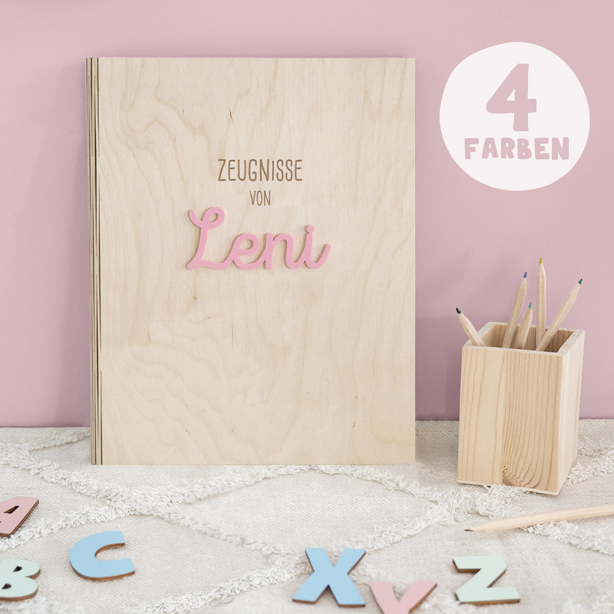 Zeugnismappe Holz Ringbuch mit 3D-Name "Zeugnisse von"