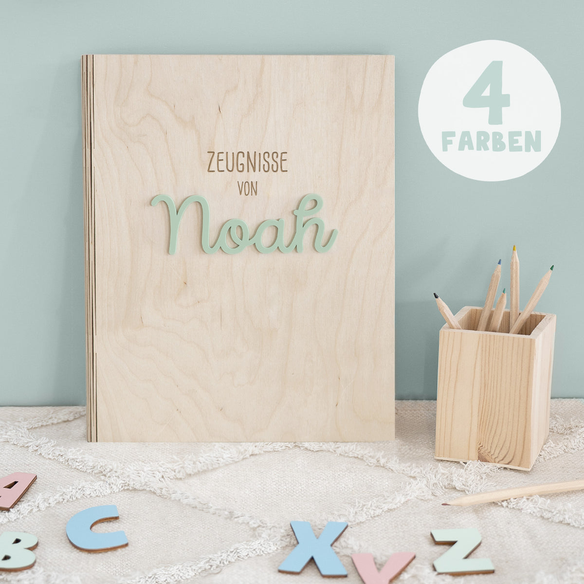 Zeugnismappe Holz Ringbuch mit 3D-Name "Zeugnisse von"