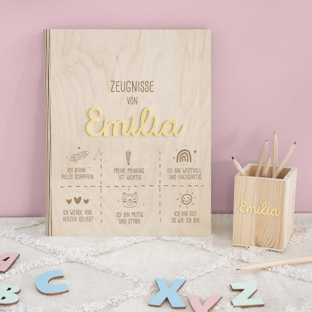 Einschulungs-Set Zeugnismappe und Stiftehalter 3D-Name "Sprüche"