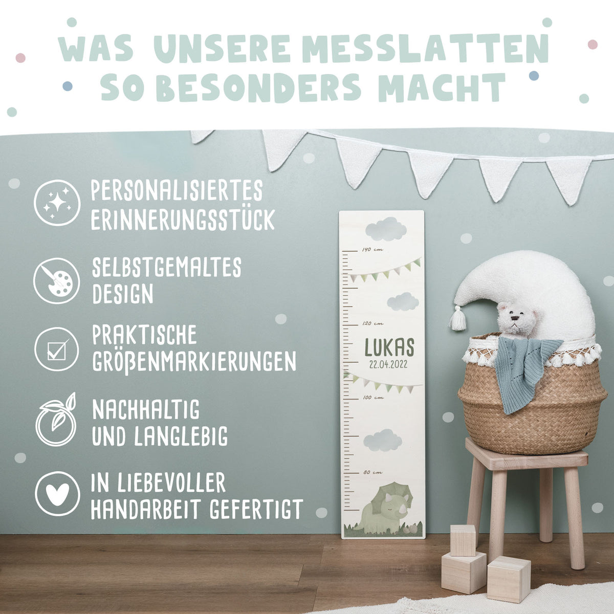 Bunte Messlatte für Kinder Grüner Dino