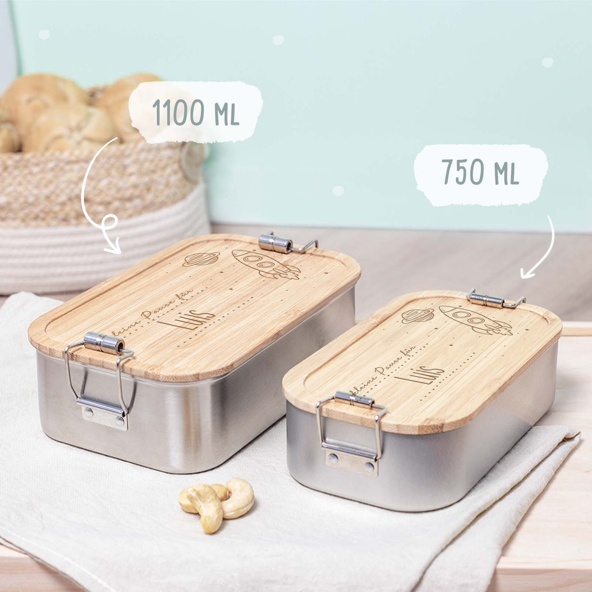Lunchbox & Trinkflasche Bambusdeckel Set "Rakete"