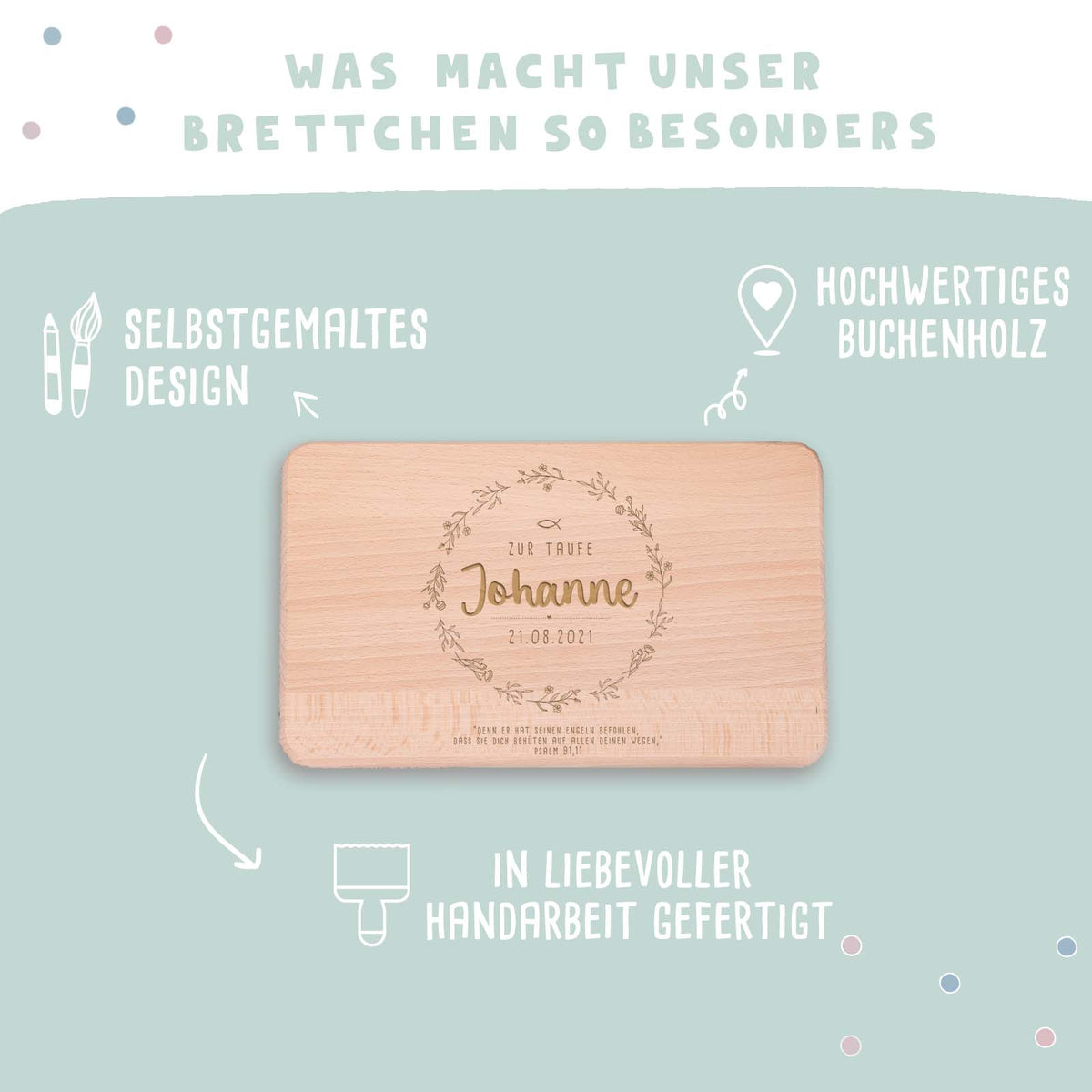 Frühstücksbrettchen Taufgeschenk "Blumenkranz"