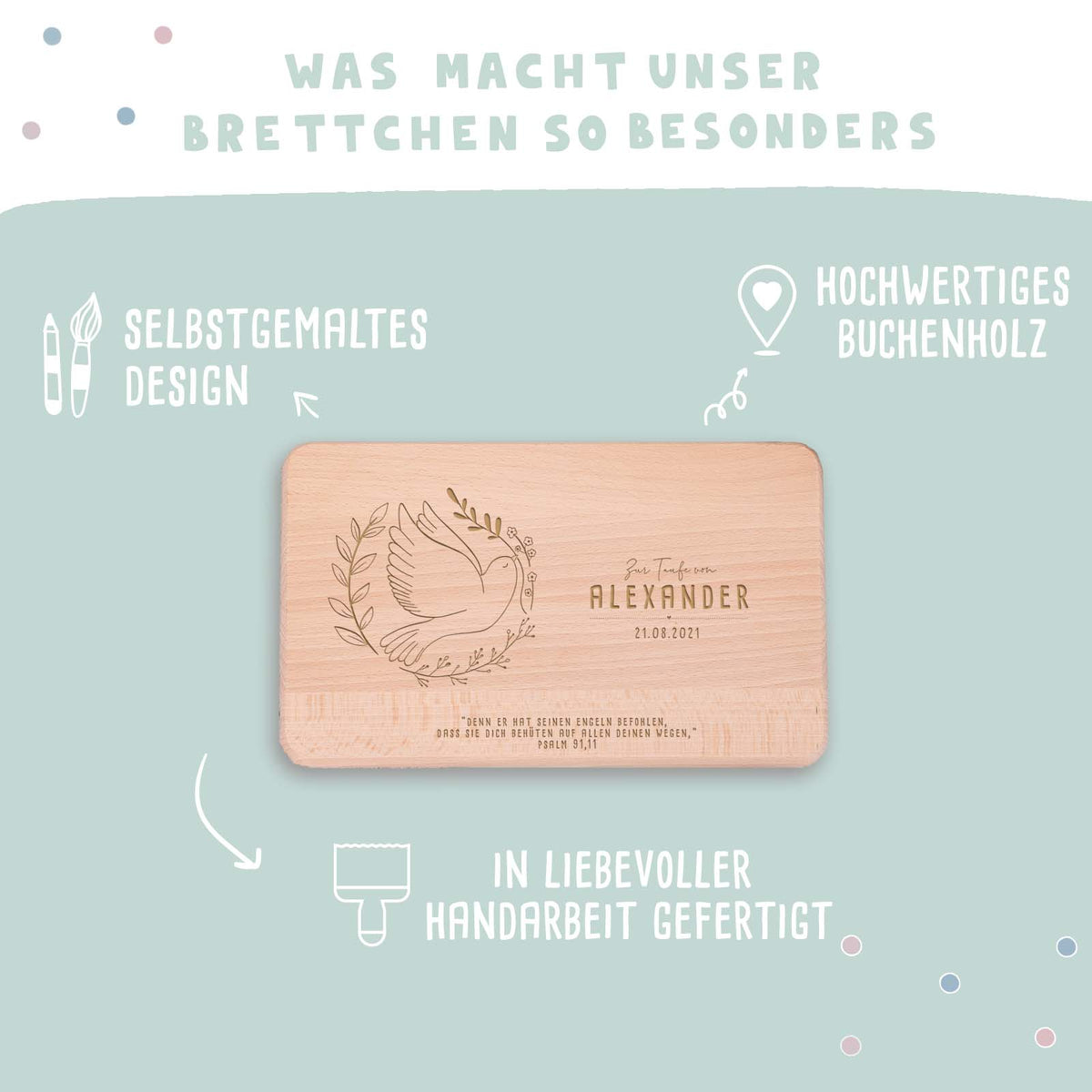 Frühstücksbrettchen Taufgeschenk "Taube"