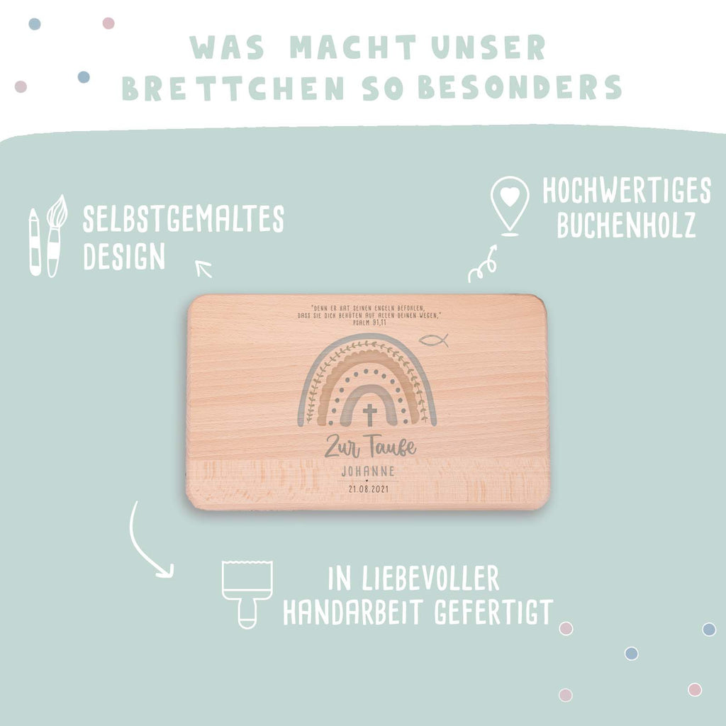 Frühstücksbrettchen Aquarell Taufgeschenk "Regenbogen Blau"