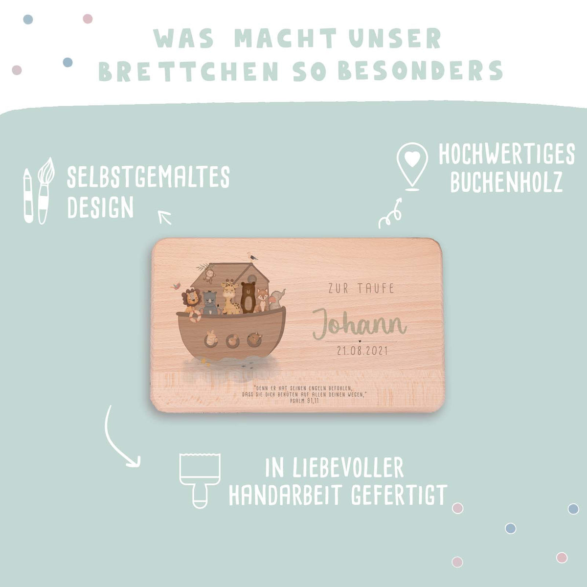 Frühstücksbrettchen Aquarell Taufgeschenk "Arche Noah"