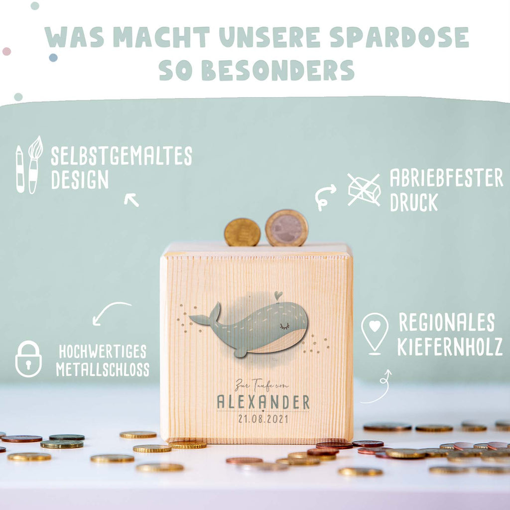 Personalisierte Holzspardose Taufgeschenk "Wal" Aquarell