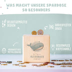 Personalisierte Holzspardose Taufgeschenk "Wal" Aquarell