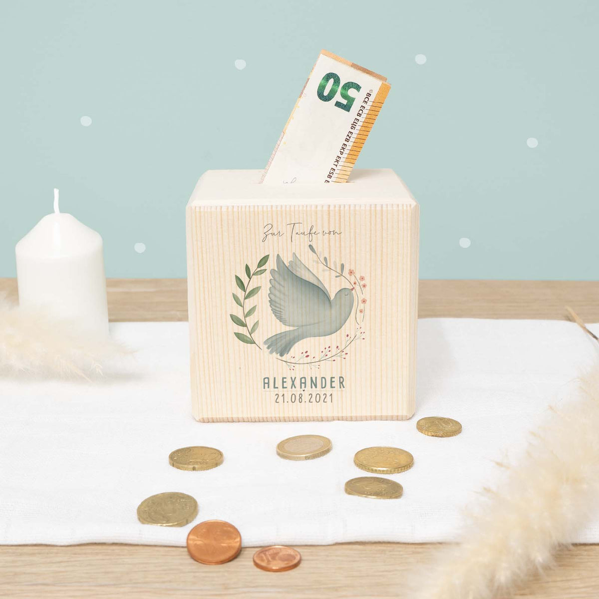 Personalisierte Holzspardose Taufgeschenk "Taube im Kranz" Aquarell