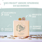 Personalisierte Holzspardose Taufgeschenk "Taube im Kranz" Aquarell
