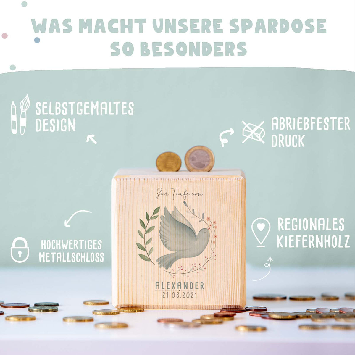 Personalisierte Holzspardose Taufgeschenk "Taube im Kranz" Aquarell