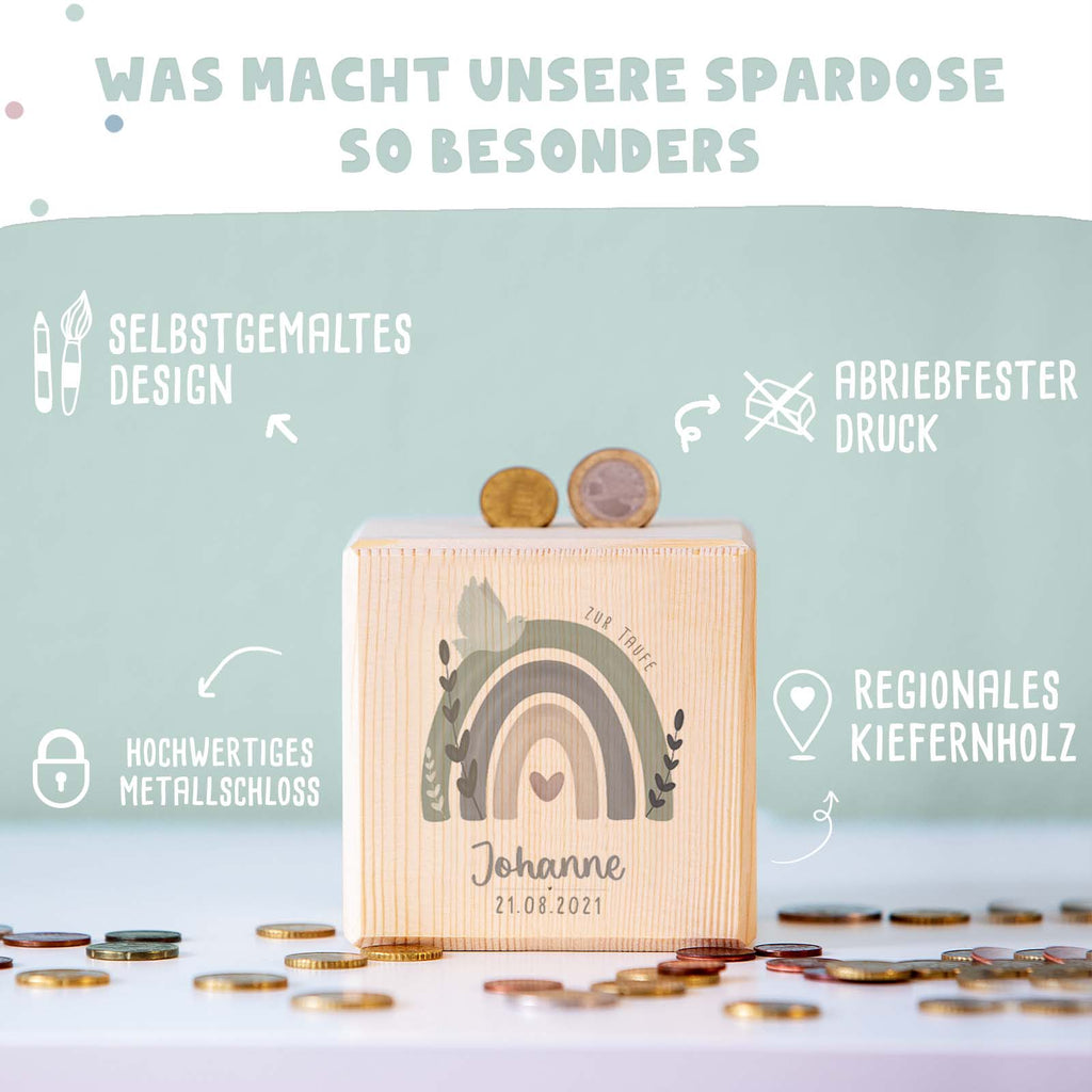 Personalisierte Holzspardose Taufgeschenk "Regenbogen mit Taube" Aquarell