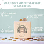 Personalisierte Holzspardose Taufgeschenk "Regenbogen mit Taube" Aquarell