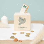 Personalisierte Holzspardose Taufgeschenk "Taube mit Kind" Aquarell