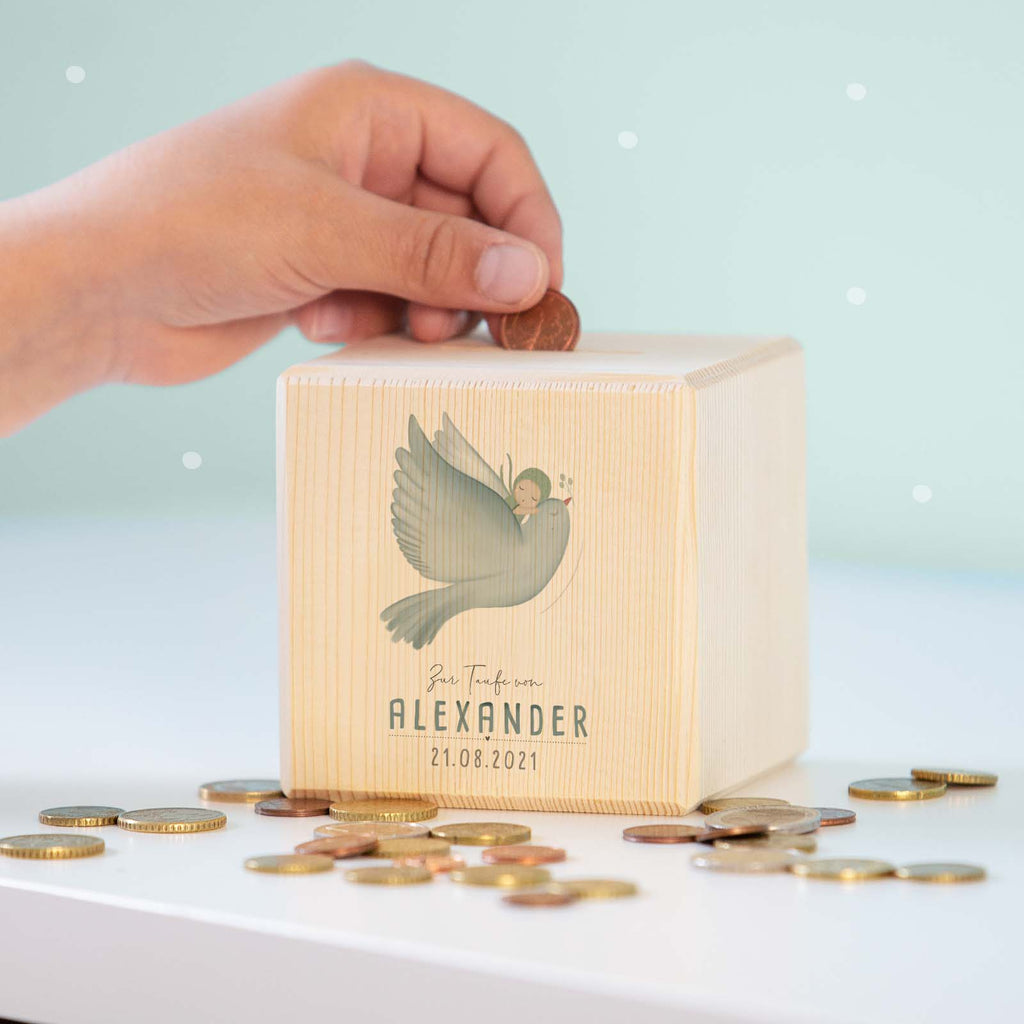 Personalisierte Holzspardose Taufgeschenk "Taube mit Kind" Aquarell