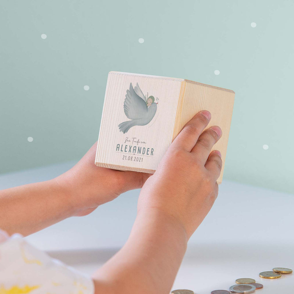 Personalisierte Holzspardose Taufgeschenk "Taube mit Kind" Aquarell